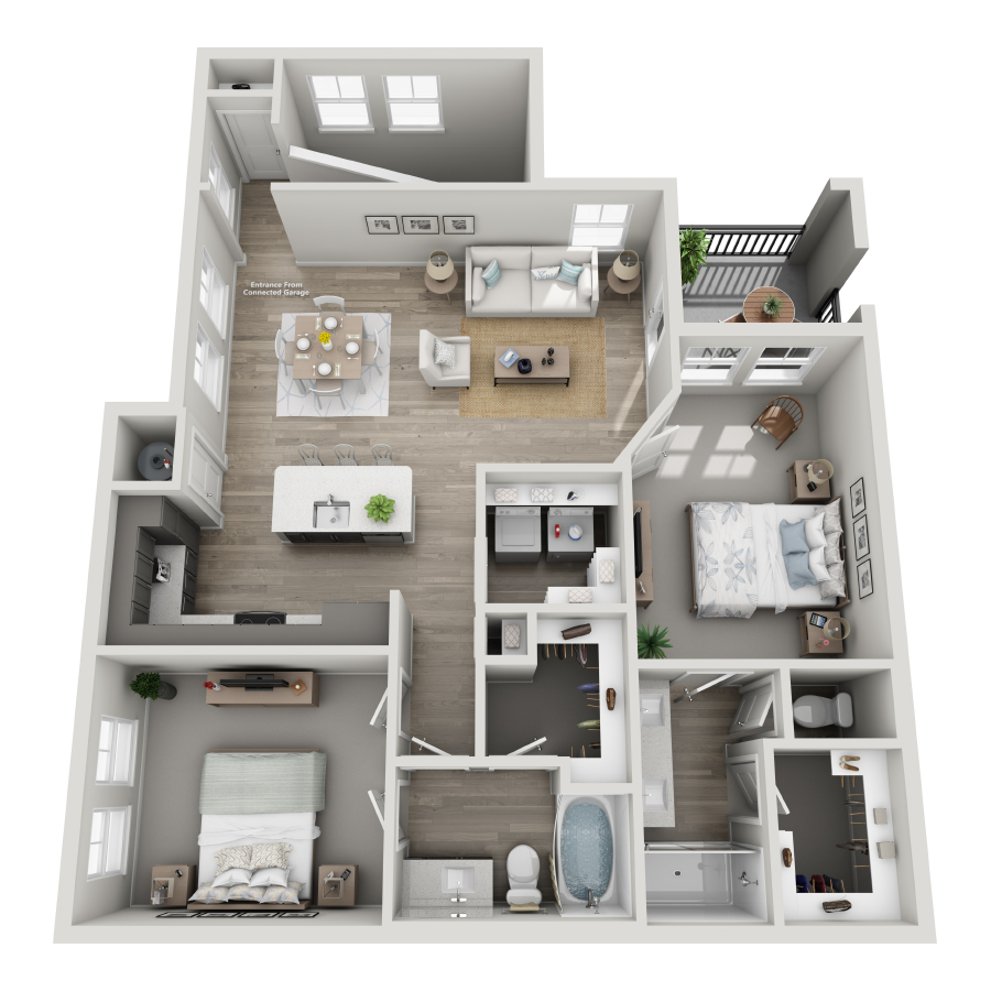 Rendering of the B3-U floor plan with 2 bedroom[s] and 2 bathroom[s] at Milo (Garden)